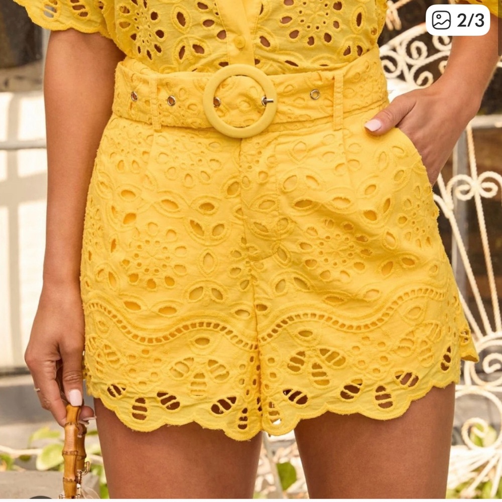Vici Yellow Eyelet High Waist Shorts
